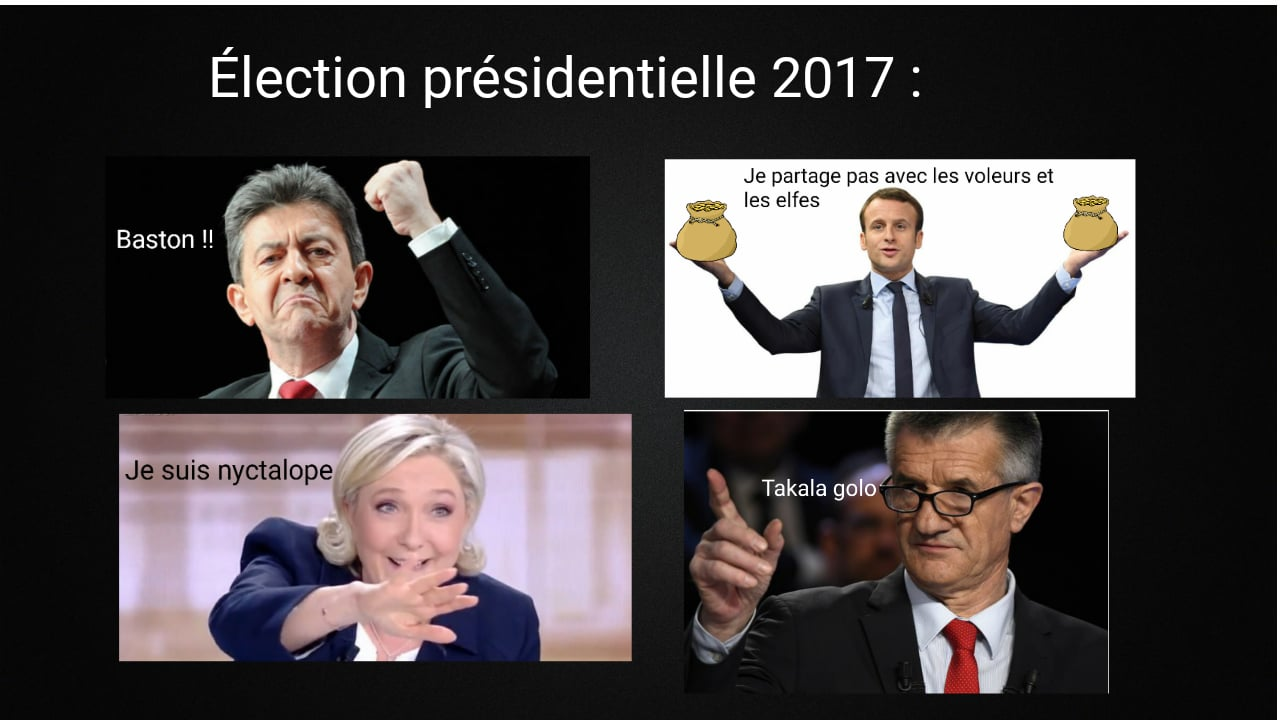 Le Donjon de Naheulbeuk humour présidentielle Macron Mélenchon Le Pen